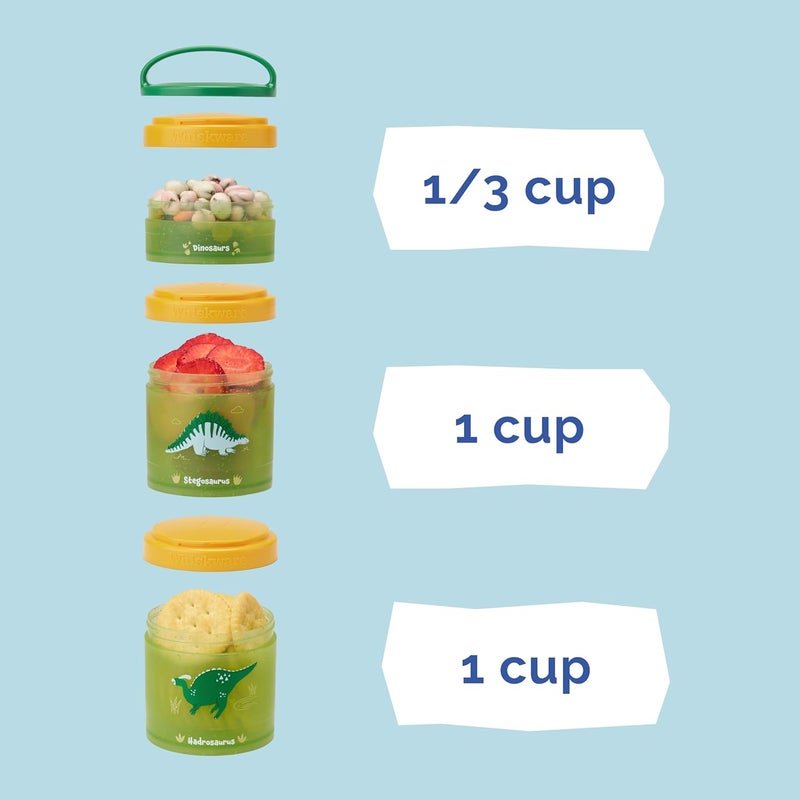 Whiskware Dinosaur Stackable Snack Containers for Kids and Toddlers, 3 Stackable Snack Cups for School and Travel, Green/Orange - Image 3